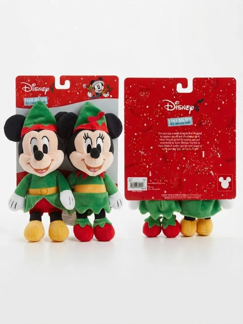 NWT Disney Mickey & Minnie Mouse Holiday Elf 2-Pack Dog Toy Plush Set Squeakers